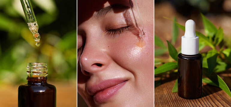 A skincare collage featuring a young woman applying serum or retinol with a pipette dropper close-up on a natural outdoor background. Showcase a organic cosmetics product and daily skin care routine