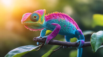 Obraz premium A vibrant, multi-colored chameleon with striking pink, blue, and yellow scales perched on a branch, set against a softly blurred natural background with warm sunlight filtering through
