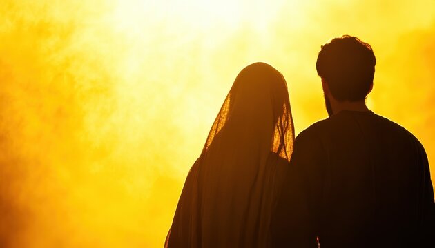 Silhouetted figures against a golden backdrop evoke spirituality and timelessness