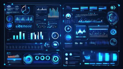 Obraz premium Futuristic blue digital interface with various graphs, charts, and data representations.