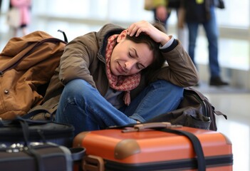 A tired traveler luggage at their feet rubbing their eyes a mix