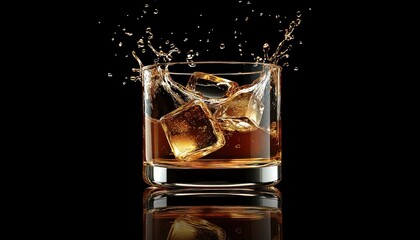 A glass of whiskey splashes with ice against a black background at night