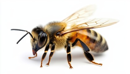 Honey bee landing on a white background, showcasing intricate details and wings