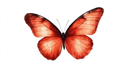 A vibrant red butterfly gracefully displayed against a clean white background