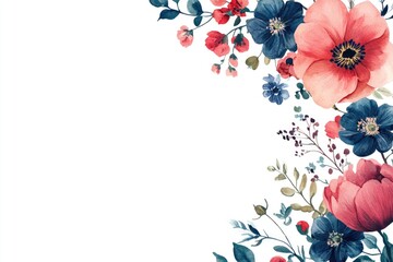 A colorful floral arrangement featuring red, blue, and green flowers on a decorative background