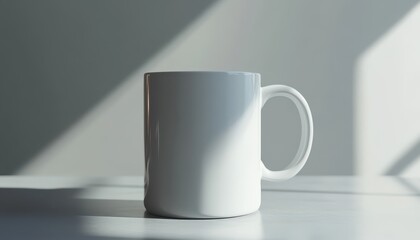 Plain white ceramic mug mockup with shadows on a bright surface