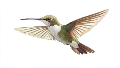 Obraz premium A vibrant hummingbird gracefully flies with delicate wings on a white background