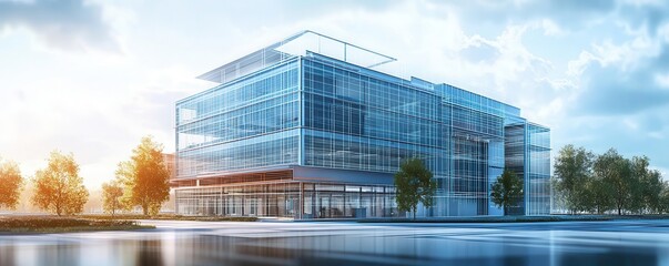 Realtime rendering of an office building s assembly on a software interface, emphasizing architectural precision and digital simulation