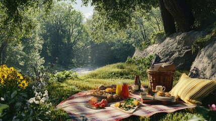 A relaxed outdoor setting with a blanket and food, suitable for a family day out or a romantic getaway