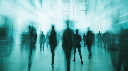 Blurred Silhouettes of Business People in lobby of modern business center. Abstract light motion blur effects, vertical format