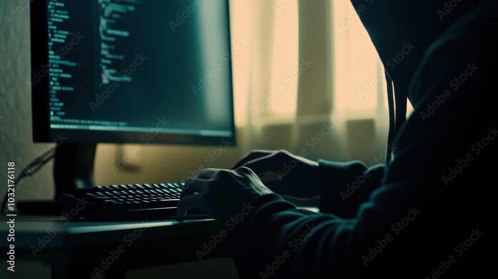 Poster mysterious hacker silhouette working on computer