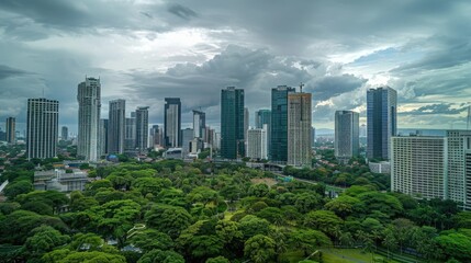 Obraz premium Urban landscape with skyscrapers and streets below, suitable for urban planning or architecture concepts