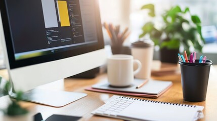 A clean and modern workspace with a computer, a coffee mug, notebooks, and colorful pencils.