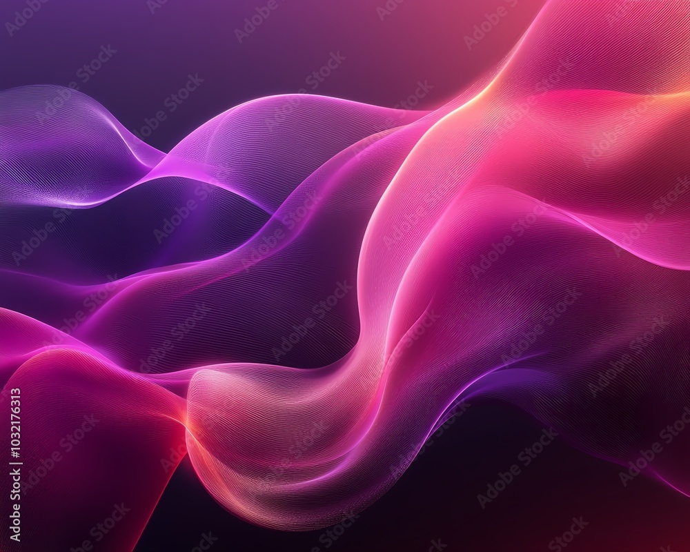 Fototapete A captivating abstract background featuring flowing waves in dark fuchsia and violet, highlighting the dynamic texture and fluidity of curved lines in digital art