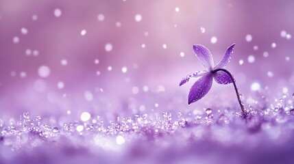 Fototapeta premium A single purple flower blooms in a field of dew drops.