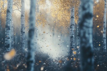 A serene winter scene featuring a dense forest covered in thick layers of snow