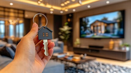 House-Shaped Key Fob in Living Room with TV Display