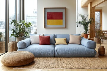 Fototapeta premium Minimalist, contemporary Japani interiors in the living room with walls and sofas with art frames hanging. Generative AI 