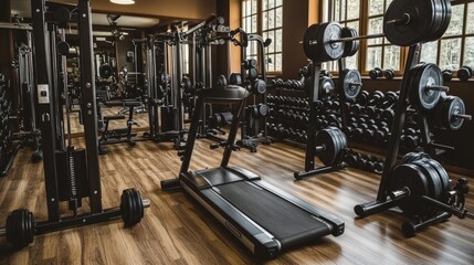 Obraz premium A well-equipped gym with a treadmill, weight racks, and other fitness equipment.