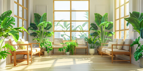 A serene nature-inspired waiting room, with wooden furniture and plants, creating a relaxing environment for patients and their families.