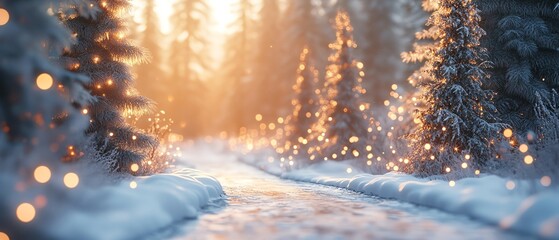 A serene winter setting showcasing snowcovered fir trees and a winding path, complemented by an enchanting bokeh effect for a charming New Year scene