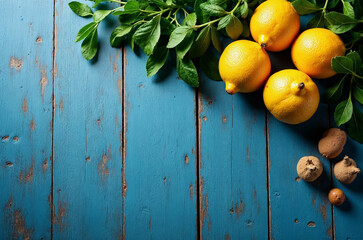 Fresh herbs, lemons, and other cooking ingredients on a rustic blue wooden background with space for text