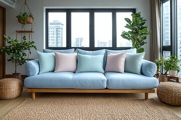 Fototapeta premium Minimalist, contemporary Japani interiors in the living room with windows and sofas. Generative AI 