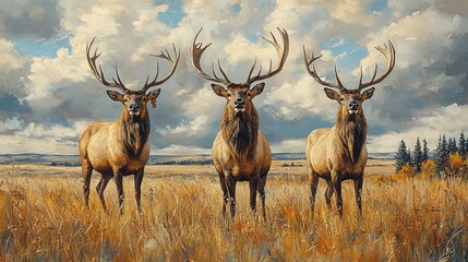 Obraz premium Three majestic deer stand in a golden field under a dramatic sky.