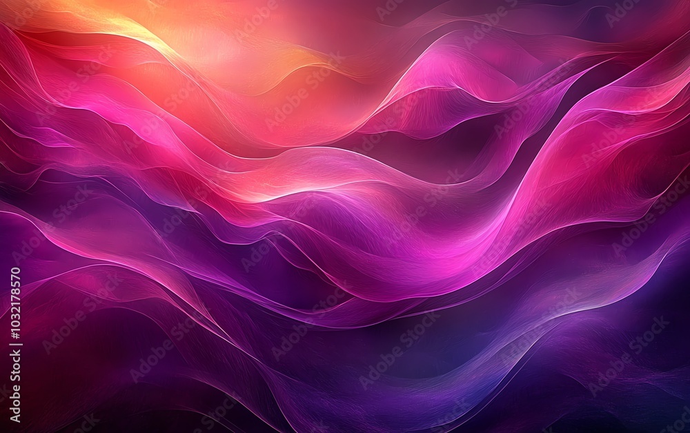 Poster A vibrant and dynamic digital art background featuring flowing waves in deep fuchsia and violet, emphasizing the beauty of curved lines and rich textures