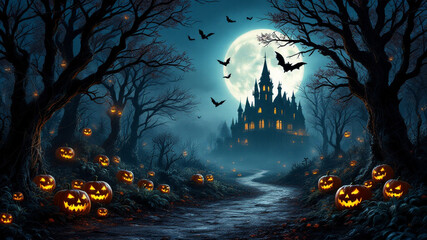 Fototapeta premium Halloween pumpkin sits in front of a castle house with bats flying around with a full moon in the background. Halloween Night