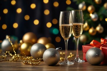 champagne and christmas decorations
