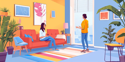 A colorful therapy room with a comfy couch and calming colors, featuring a therapist and client engaging in a meaningful conversation.