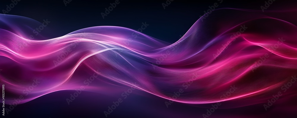 Poster An elegant abstract representation of flowing waves with dark fuchsia and violet colors, showcasing dynamic textures and graceful curved lines in digital art