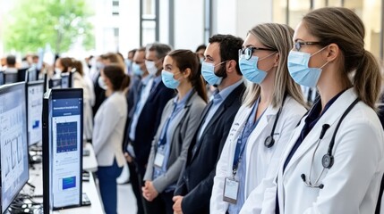 Attendees in a conference room wearing masks and looking at presentation screens.