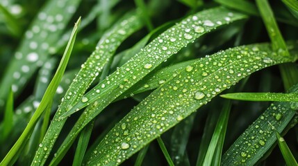 Naklejka premium Water droplets glistening on lush green grass, setting the stage for a refreshing afternoon of sports, hydrated grass, perfect for physical activities