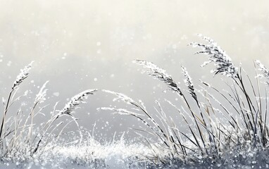 Obraz premium An elegant minimalist winter scene showcasing a frosty meadow, with intricate ice crystals on blades of grass, reflecting natures strength amidst winters chill