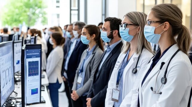 Attendees in a conference room wearing masks and looking at presentation screens.