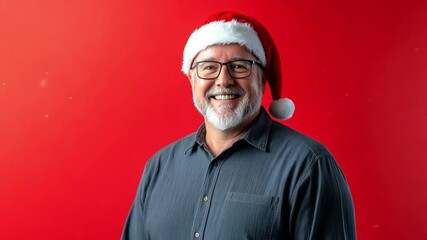 A cheerful senior man wearing a Santa hat against a bright red background during the holiday season - Powered by Adobe