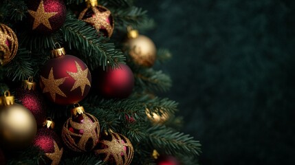 detailed close-up photograph of a beautifully decorated christmas tree featuring rich burgundy and gold ornaments against a dark green background, highlighting the exquisite details