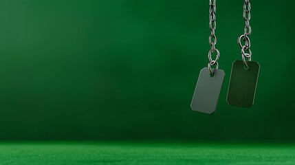 Two metallic tags dangle from a chain against a vibrant green background, perfect for showcasing blank labels for product or marketing use.