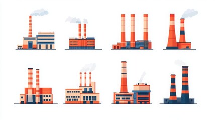 Obraz premium A collection of illustrated industrial factories with smokestacks, showcasing various designs and styles in a modern aesthetic.