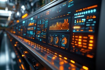 Close-up of a futuristic control panel with glowing orange and blue data displays.