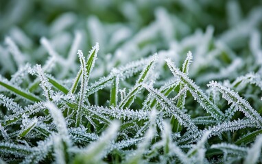 Stunning closeup of a frosty meadow featuring intricate ice crystals enveloping blades of grass, highlighting natures resilience in a minimalist winter scene
