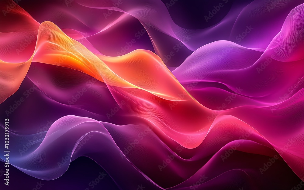Poster Vivid abstract digital art of flowing waves with dark fuchsia and violet hues, creating a captivating dynamic texture through smooth curved lines