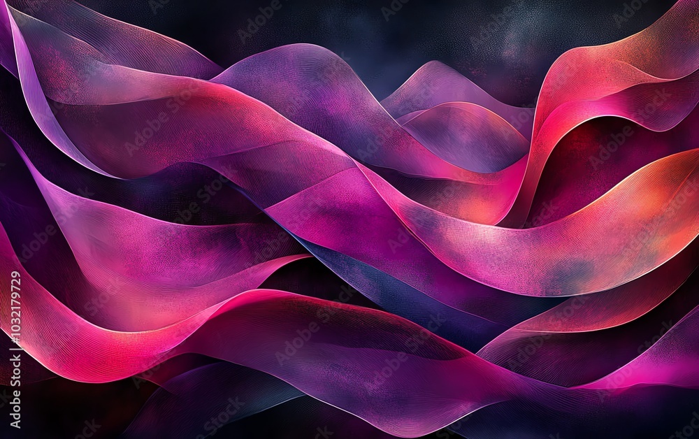 Aufkleber Vivid abstract digital art of flowing waves with dark fuchsia and violet hues, creating a captivating dynamic texture through smooth curved lines