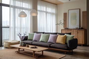 Minimalist, contemporary Japani interiors in the living room with walls and sofas with art frames hanging. Generative AI
