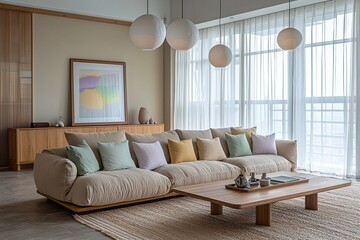 Fototapeta premium Minimalist, contemporary Japani interiors in the living room with windows and sofas. Generative AI 