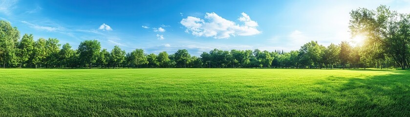 Obraz premium Wide open grassy field freshly watered and ready for sports, jogging, or a casual game of frisbee, outdoor sports setting, refreshing and active environment