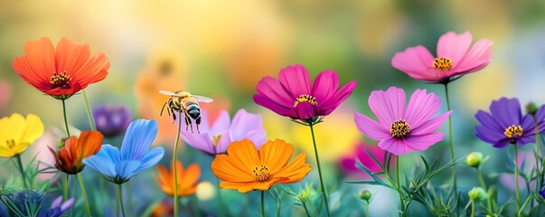 A closeup of bees actively pollinating bright, colorful flowers, promoting plant growth and fostering a healthy ecosystem