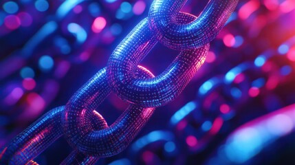 Close-up view of neon chains featuring detailed digital patterns, capturing the essence of futuristic technology and connectivity in a vibrant, abstract style.